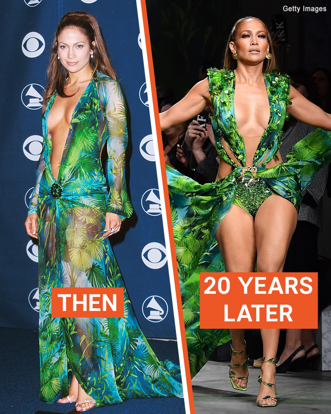 Jennifer Lopez wore a green Versace silk chiffon dress in 2000, and it was legendary. She later wore it again.  When did she wear it better?